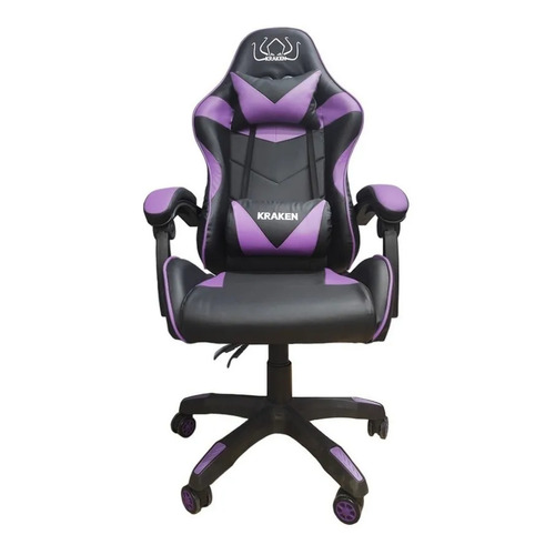 Silla de escritorio Kraken 1002 gamer ergonómica  negra y violeta con tapizado de piel sintética y cuero sintético