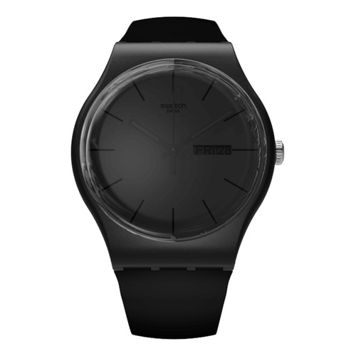 Reloj pulsera Swatch New Gent Black Rebel de cuerpo color negro, analógico, fondo negro, con correa de silicona color negro, agujas color negro, dial negro, bisel color negro y hebilla simple