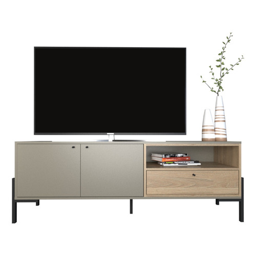 Rack Mesa Tv Smart Led 150 Cm Mueble Moderno Patas Hierro Color Gris Olmo