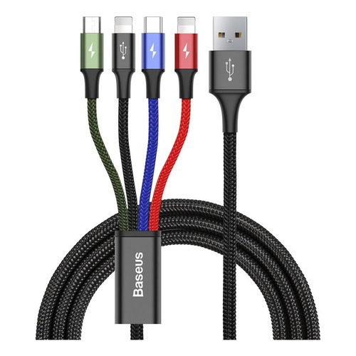 Cable 4 En 1 Uso Rudo-1 Micro / 2 Lightning / 1 Tipo C Color Negro