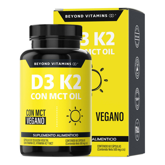 Vitamina D3 + K2 + Mct Oil | Sin Azúcar - Suplemento Alimenticio Vegano Beyond Vitamins - Ingredientes Non Gmo (60 Cápsulas)