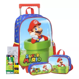 Kit Mochila Rodinha Estojo Lancheira Mario Bros Meninos 