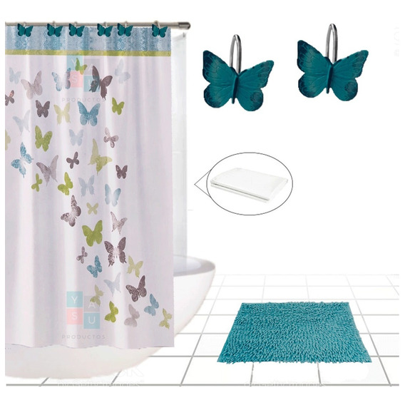 Combo Cortina Baño Tela Diseño Moderna Estampada Mariposas