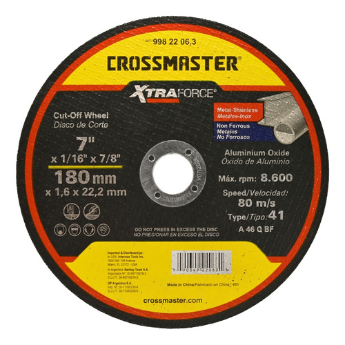 Crossmaster 01051  25 Discos De Corte Metal Amoladora 180 X 1,6mm  Color Amarillo