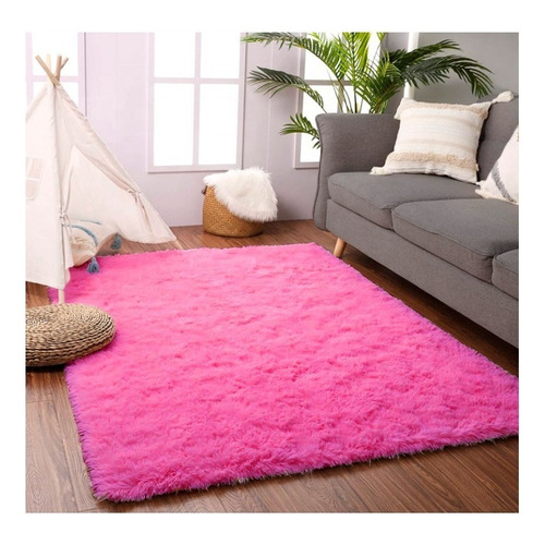 Alfombra Costa Oro Furry para sala de estar y dormitorio, 140 x 100 cm, color peludo, color rosa burbuja, diseño de tela