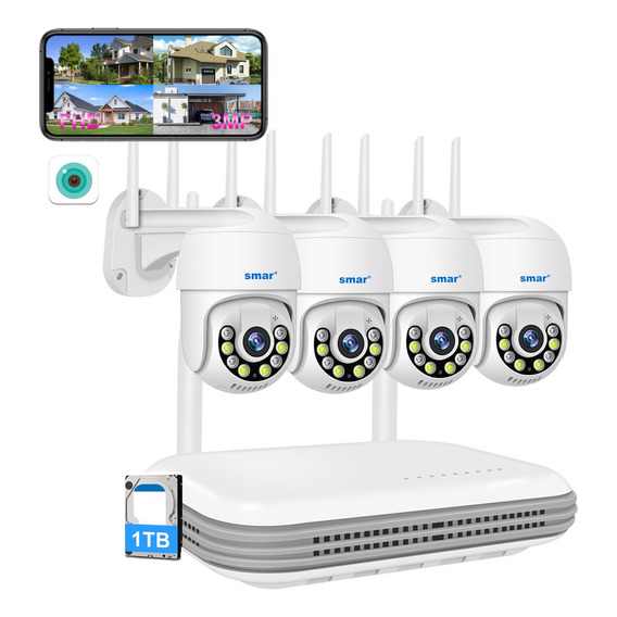 Kit De Camaras Videovigilancia Smar 4 Wifi Camaras 3mp Disco 1tb Color Blanco