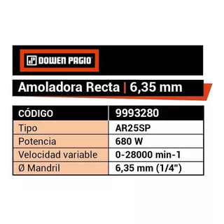 Amoladora Recta De Mano 680 W 220 V Dowen Pagio 9993280 Color Naranja Frecuencia 50 Hz
