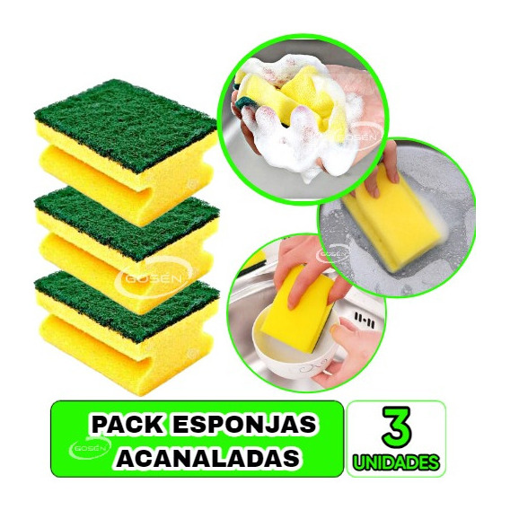 Pack 3 Esponjas Amarilla Verde Acanaladas Platos Loza Cocina