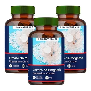 03 Frascos De Citrato De Magnesio 90 Cápsulas Lima Naturals