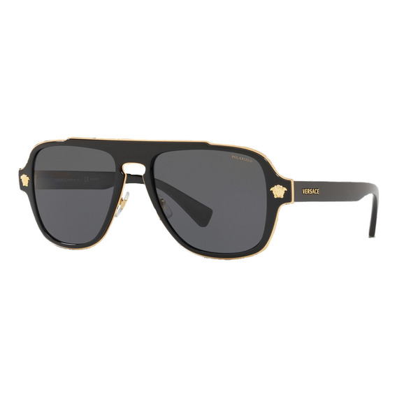 Gafas de sol polarizados Versace Medusa Retro Charm con marco de nailon/metal color negro, lente gris de plástico clásica, varilla negra de plástico - VE2199