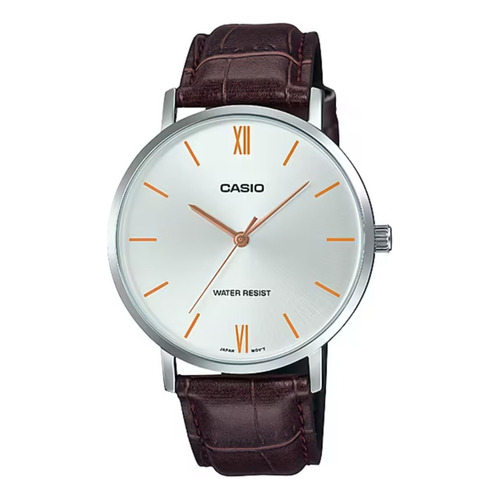 Reloj pulsera Casio MTP-VT01 con correa de cuero color marrón - fondo plateado