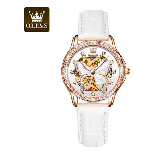 Reloj Mecánico Impermeable De Cerámica Para Mujer Olevs Color De La Correa Leather/white