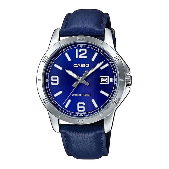 Reloj de pulsera Casio Enticer MTP-V004 de cuerpo color plata, analógico, para hombre, fondo azul, con correa de cuero color azul, agujas color plata y blanco, dial blanco, minutero/segundero plata, b