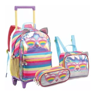 Kit Mochila Escolar Infantil Menina Gatinha Com Rodinhas