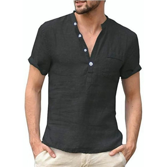 Camisa Cuello Mao Lino Hombre Casual Manga Corto Slim Fit