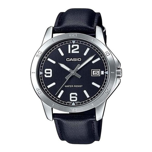Reloj pulsera Casio MTP-V004 con correa de cuero color negro - bisel plata