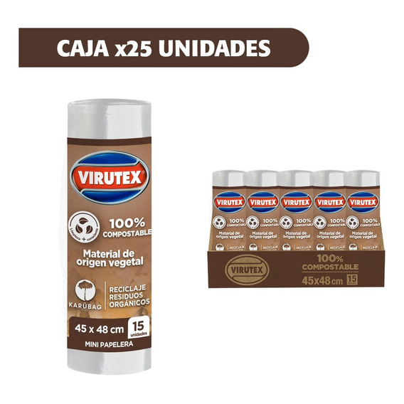 Caja 25 Rollos De Bolsas 100% Compostable 45x48 15u Virutex