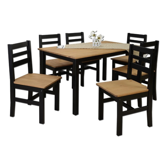 Juego De Comedor 6 Sillas - Mesa - Madera Maciza Pino - Lcm Color Negro/miel