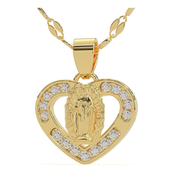 Medalla Corazón Virgen Guadalupe Con Cadena Oro Sólido 14k