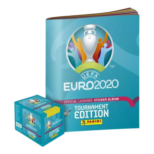 Kit álbum UEFA EURO 2020™ Tournament Edition con sobres Panini celeste tapa blanda + 50 packs de figuritas en caja