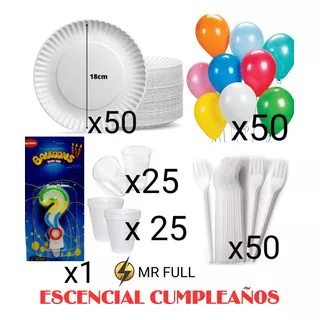 Cumpleaños Pack 50 Personas Vasos Vela Tenedor Platos Globos