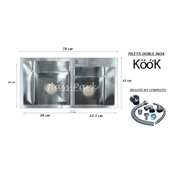 Pileta Doble Cocina Inoxidable Sobreponer Recta Kook 78x43