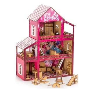 Casinha De Boneca Polly Mdf Pintada C/ Kit 37 Móveis+brinde