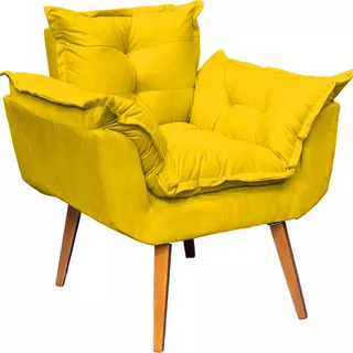 Poltrona Decorativa Alice Reforçada Amamentação Suede Amarelo Pé Trapézio Castanho 30cm