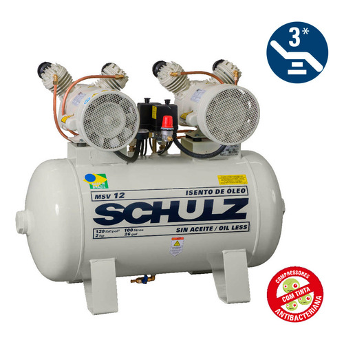 Compresor de aire odontologico Schulz Msv12/100 2HP 220V. Tanque 100 litros. Libre de aceite