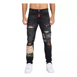 [logeqi] Jeans Negros Rasgados De Anacardo Para Hombre