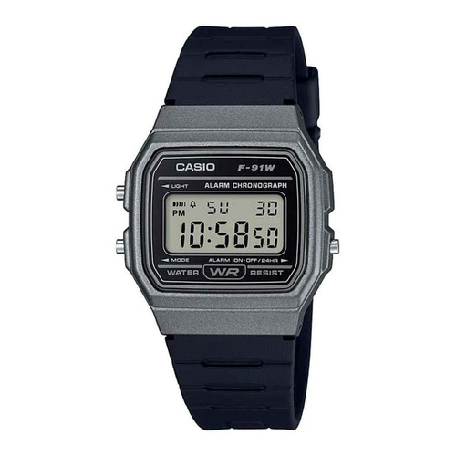 Reloj de pulsera Casio Collection F-91 de cuerpo color plateado, digital, para hombre, fondo gris, con correa de resina color negro, dial negro, minutero/segundero negro, bisel color plateado y hebilla simple