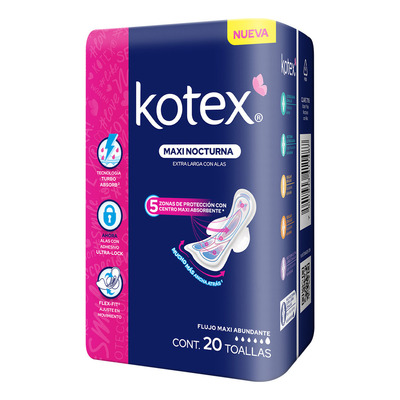 Toallas Femeninas Kotex Nocturna Flujo Maxi Abundante 20 Piezas