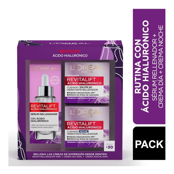 Pack X3 Revitalift Ácido Hialurónico Crema Día Noche Y Sérum