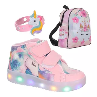 Kit Tenis De Led Unicornio Com Luz Rosa Mochila + Brinde