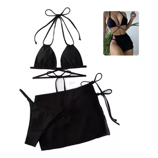 Traje Baño Mujer Bikini Negro Dama Salidas De Playa 3 Piezas