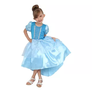 Vestido Azul Fantasia Infantil Princesa Cristal Cinder Luxo