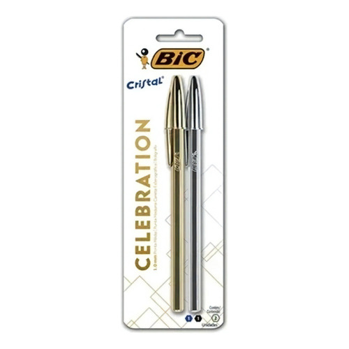 Bolígrafos metálicos Bic Cristal Celebration, tinta 1.0, color azul y negro, color exterior plateado y dorado