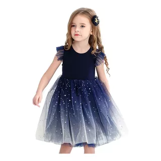 Vestido De Manga Corta Degradado Estrellado Para Niñas