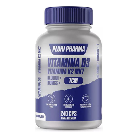 Vitamina D3 10.000ui + K2 Mk7 240 Cápsulas Pluri Pharma