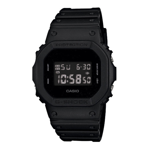 Reloj de pulsera Casio G-Shock DW5600 de cuerpo color negro, digital, fondo negro, con correa de resina color negro, dial gris, minutero/segundero gris, bisel color negro, luz azul verde y hebilla simple