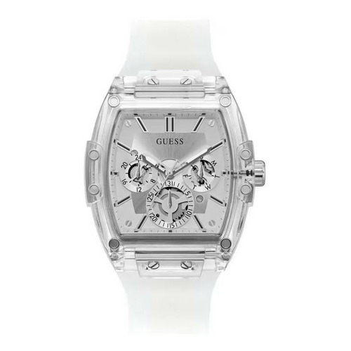 Reloj pulsera Guess GW0203G de cuerpo color transparente, analógico, para hombre, fondo transparente, con correa de silicona color transparente, agujas color plateado y blanco, dial negro y plateado, subesferas color gris, minutero/segundero gris, bisel color transparente y hebilla simple