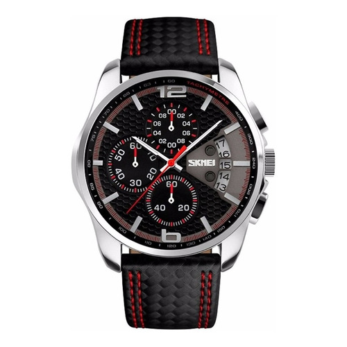 Reloj pulsera Skmei 9106 con correa de cuero color negro/rojo - fondo negro