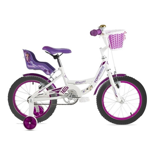 Bicicleta paseo infantil TopMega Flexygirl R16 frenos v-brakes color blanco/violeta con ruedas de entrenamiento y pie de apoyo  