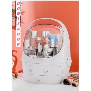 Organizador Caja  Maquillaje Cosméticos Rosado Y Blanco