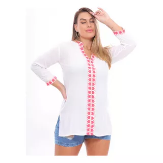 Bata Feminina Bordado Boho Manga 3/4 Viscose Gg Linha Luxo