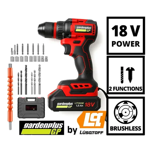 Taladro Brushless Atornillador Gp Garden Plus De Lusqtoff Lh-199bk Bateria Inalambrico 18v Mandril 10mm Metalico Con Regulador De Velocidad