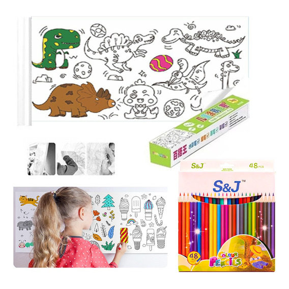 3m Rollo De Dibujo Para Niños(6 Temas) Lapices De Colores 48