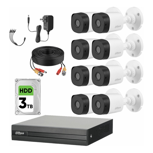 Dahua Kit CCTV 8 Cámaras 2 Mp + Disco Duro 3 TB Cámaras de Seguridad con Detección de Movimiento  Kit CCTV con Accesorios Incluidos