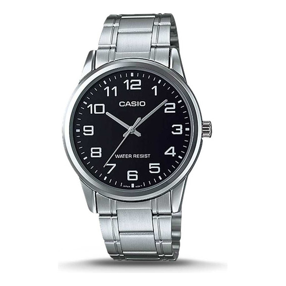 Reloj pulsera Casio Enticer MTP-V001 de cuerpo color plateado, analógico, para hombre, fondo negro, con correa de acero inoxidable color plateado, agujas color plateado, dial plateado, minutero/segund