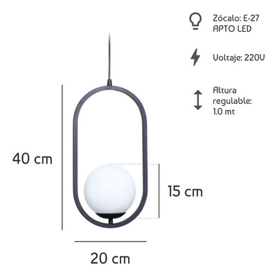 Colgante 1 Luz Marsella Oval Negro Globo Opal Apto E27 Deco Negro/opal